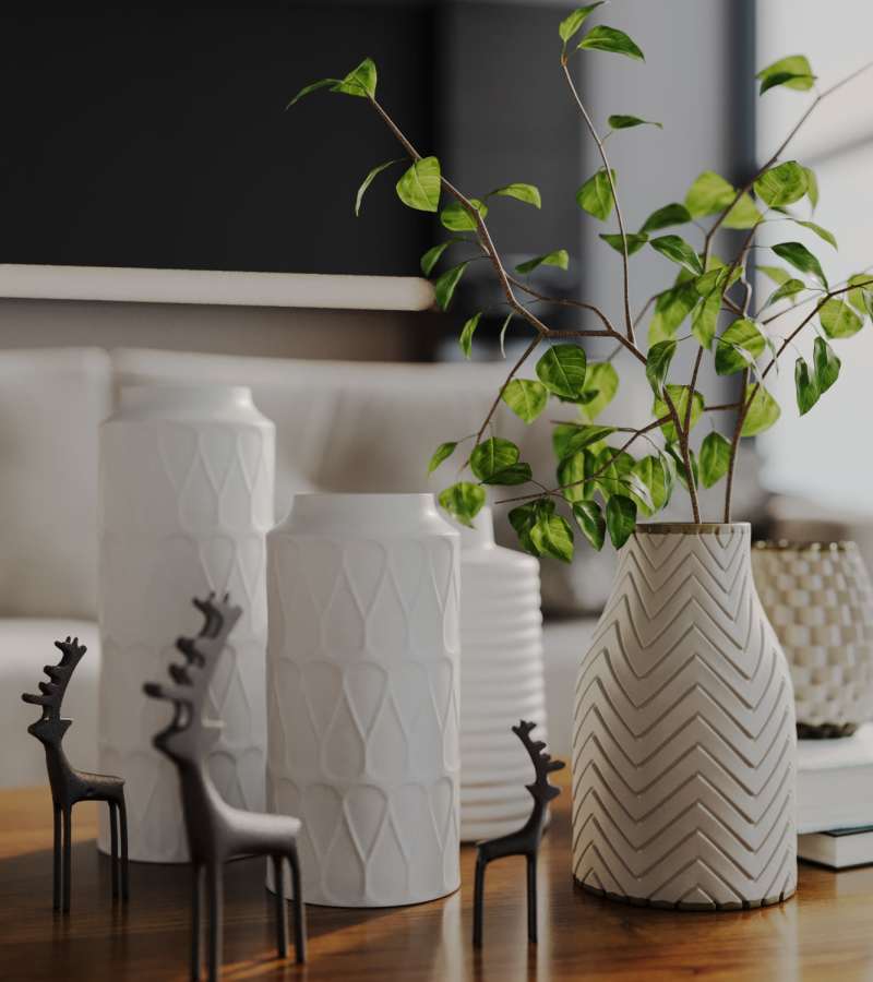 Decorative plant in a white vase on a wooden table at Eagle Ridge Circle in Rochester, New York