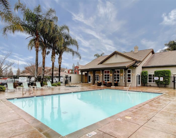 Swimming pool area with nearby palm trees at Eaglewood Apartments in Woodland, California