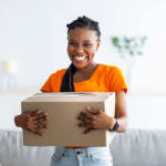 customer clutching a box at Chenal Storage Center in Little Rock, Arkansas