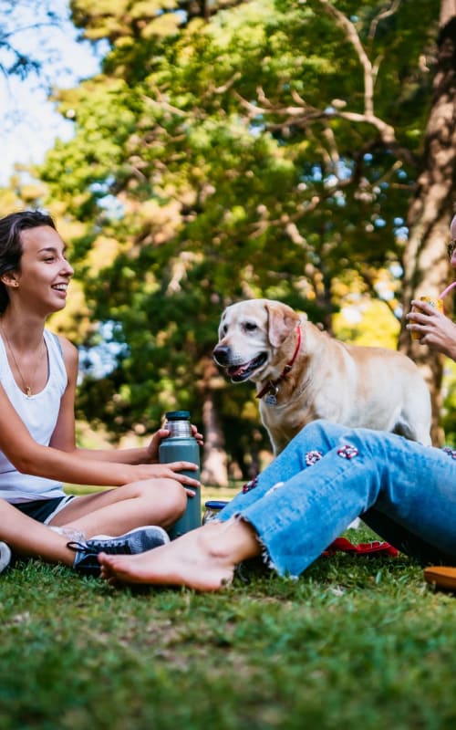 Residents sitting in the grass with their dog at Instrata at Legacy West in Plano, Texas