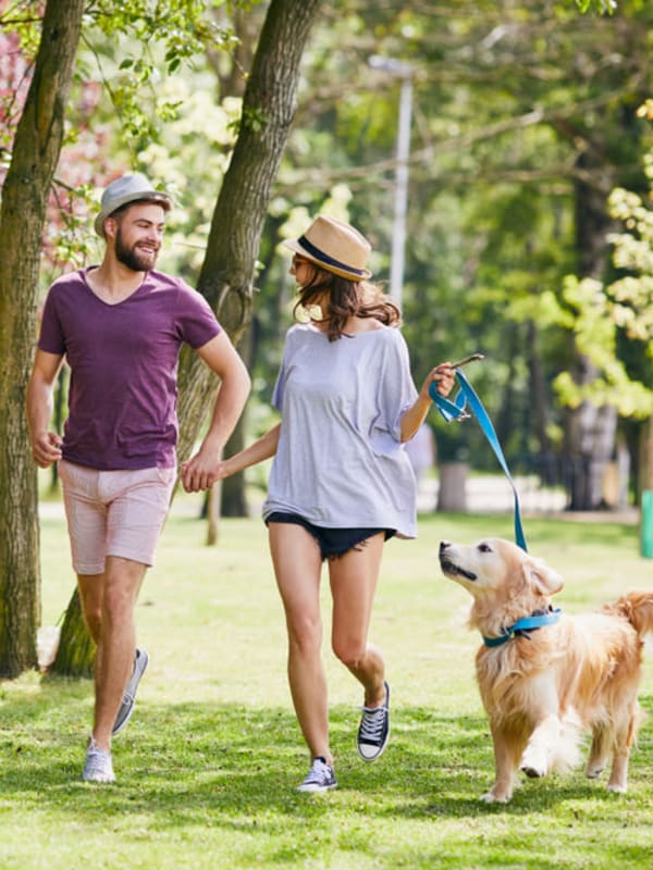 residents walking dog at Bellrock La Frontera in Austin, Texas
