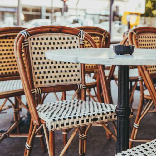 Outdoor seating chairs of a cafe near Lambert Landing I in Chester, Virginia