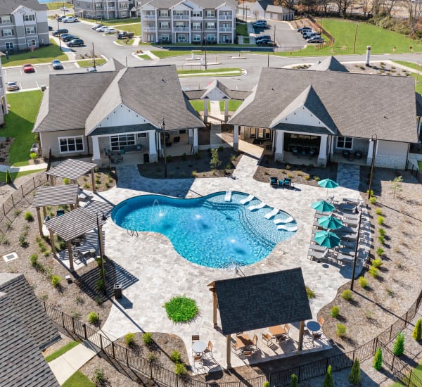 Aerial view of the resort-style swimming pool and spa at The Alexandria in Madison, Alabama