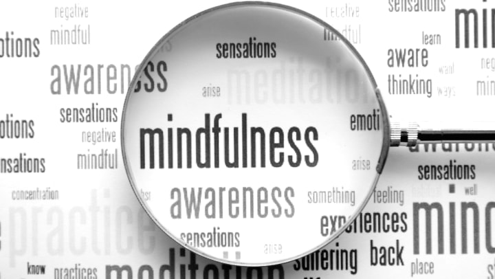 a wall with many words and a magnifying glass highlighting the word mindfulness