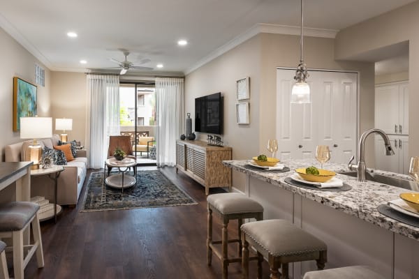 Sleek, modern living room and kitchen at San Artes in Scottsdale, Arizona