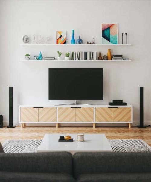 An entertainment center in a model living room at Copper Stone in Lafayette, Colorado