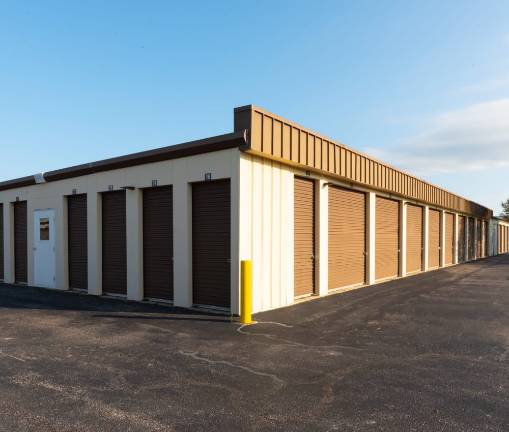 Wide driveway between outdoor units at Advantage Self Storage in Stevensville, Maryland,