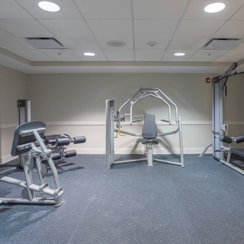 Well equipped fitness center at Greenwood Cove Apartments in Rochester, New York