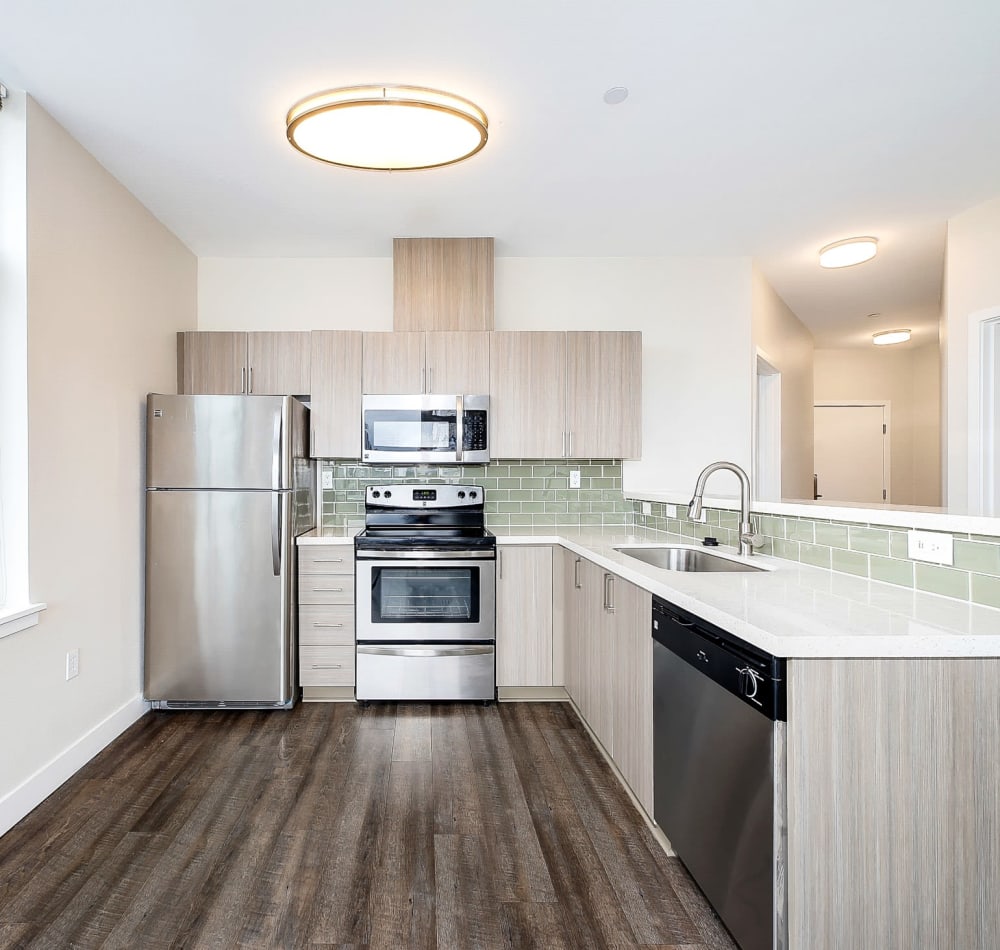 Sleek kitchen with dark wood floors and stainless steel appliances at Alley South Lake Union in Seattle, Washington