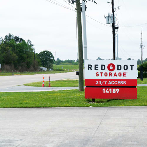 Sign at the street entrance of Red Dot Storage in Hammond, Louisiana