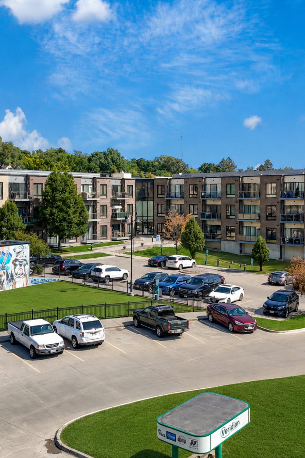 Modern communal space at Ingersoll Square in Des Moines, Iowa