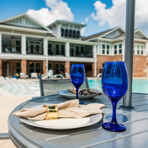 Table setting at the pool deck at Mosby Ingleside in North Charleston, South Carolina
