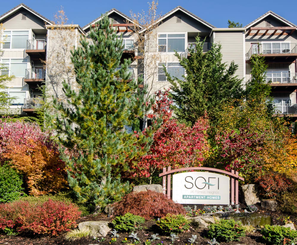 Our sign welcoming residents home to our wooded location at Sofi at Forest Heights in Portland, Oregon