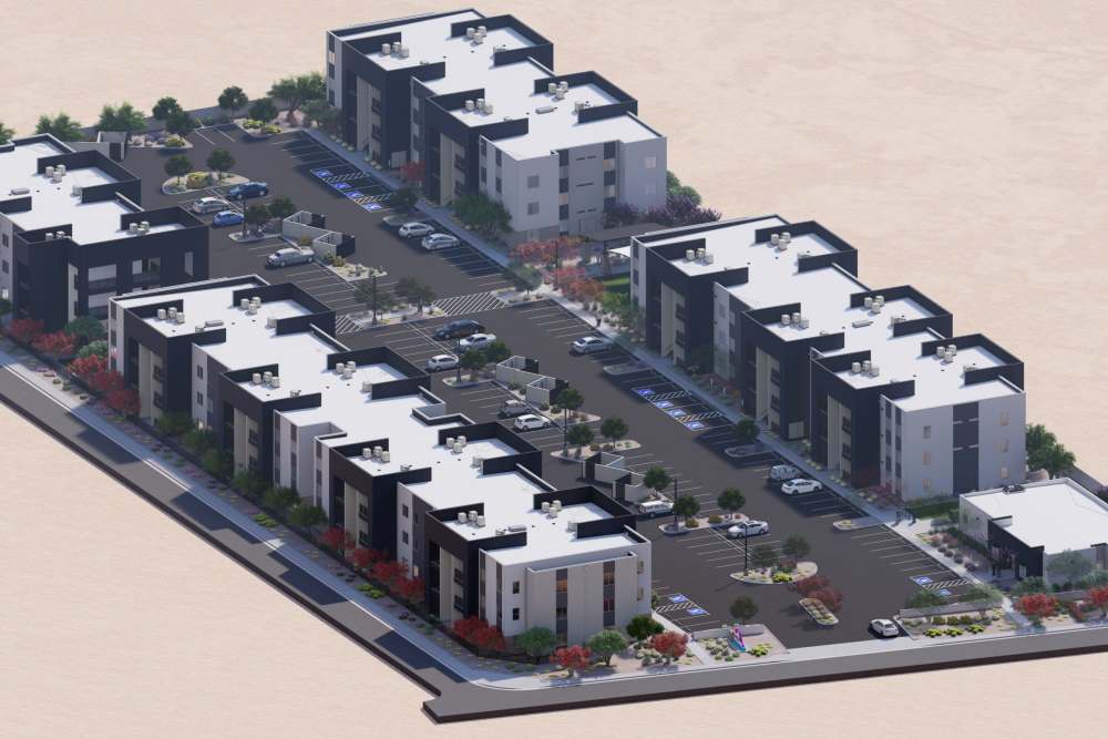 Aerial view rendering of Dahlia Village in Phoenix, Arizona 