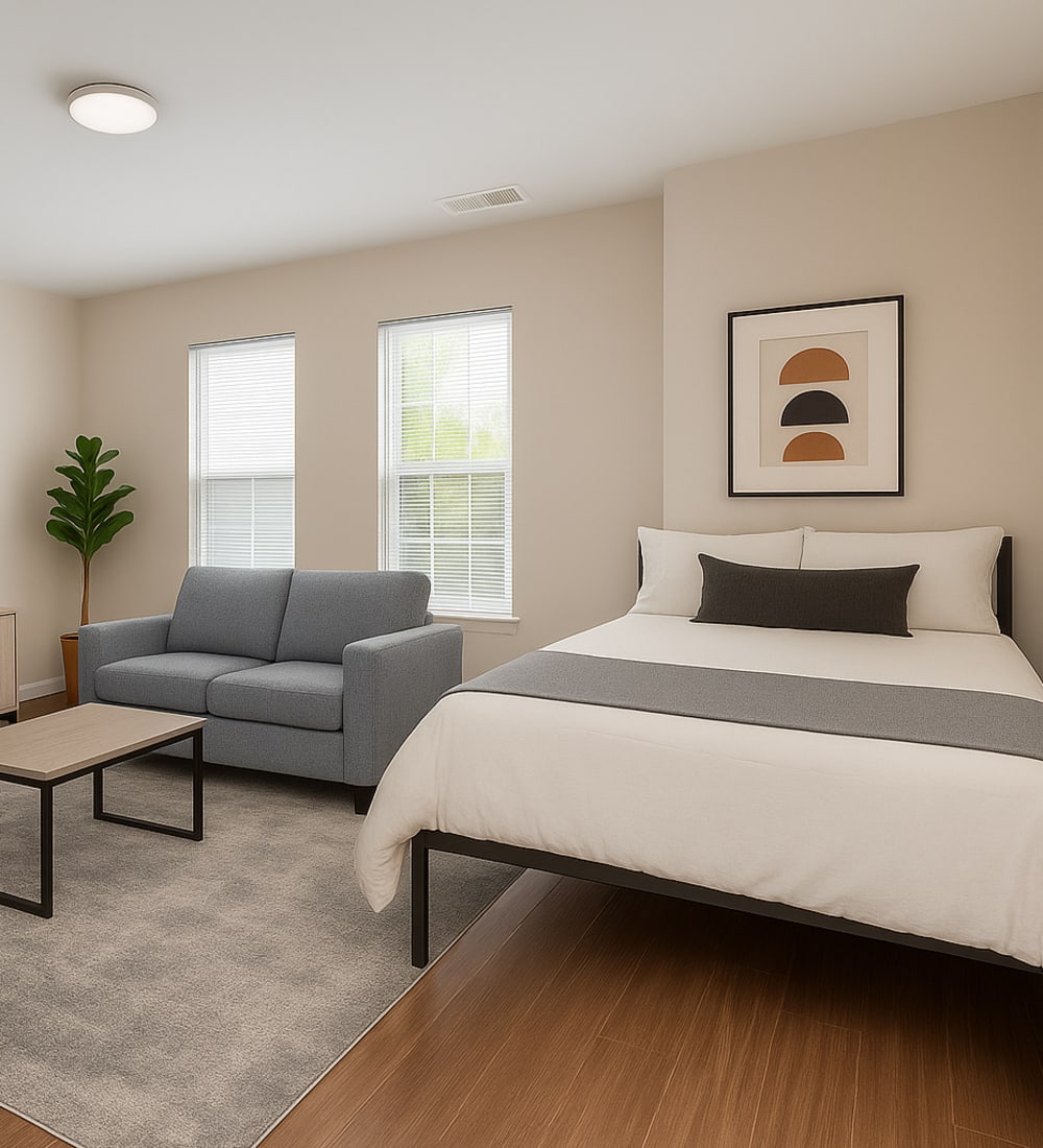 Living and bedroom area at Mazza Grandmarc in College Park, Maryland