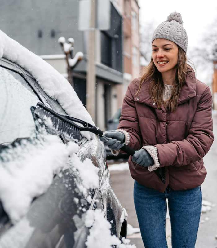 Woman scraping snow off a car wearing a winter jacket and gloves at Unionville Station Townhomes in Hilton, New York