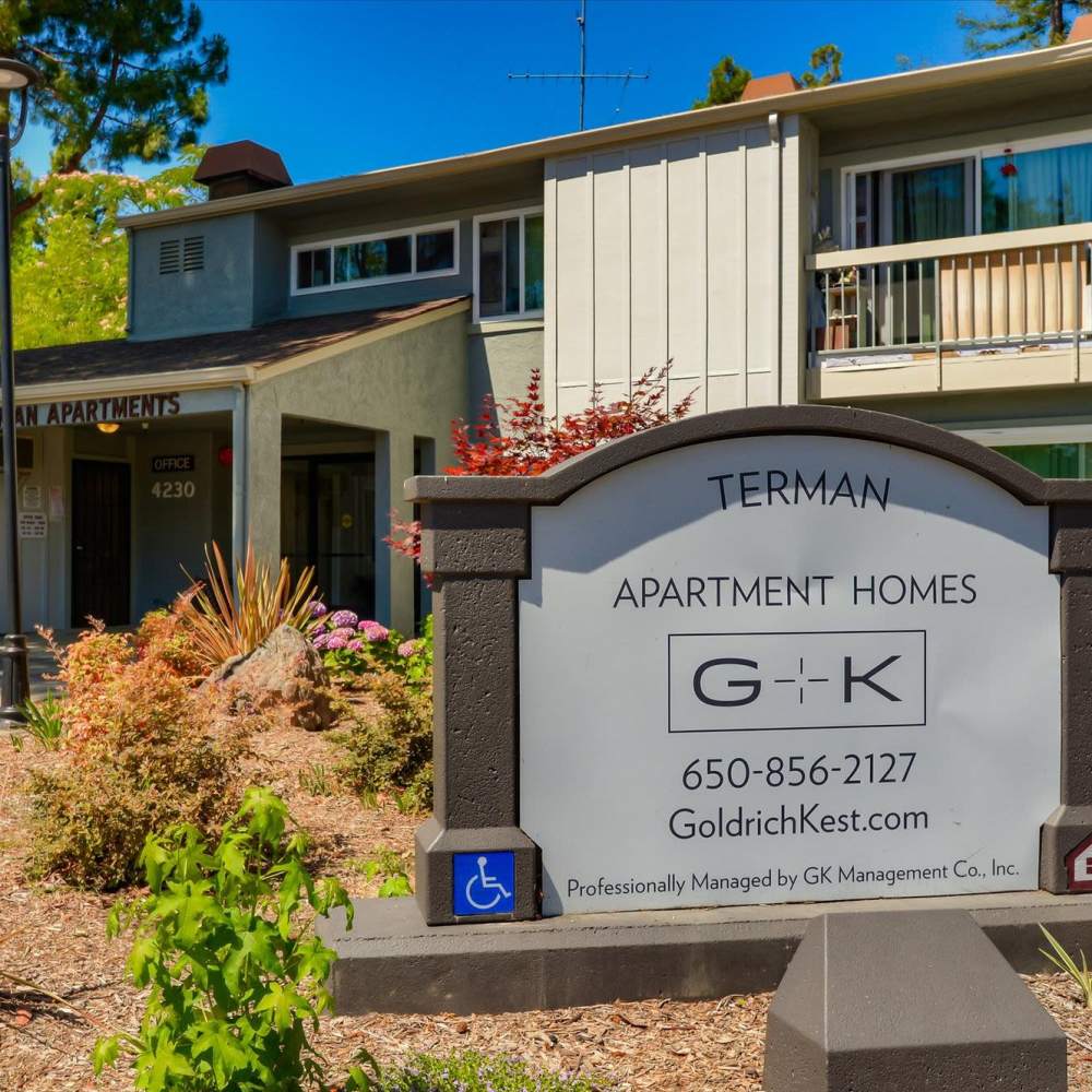 Sign board at Terman Apartments in Palo Alto, California, 
