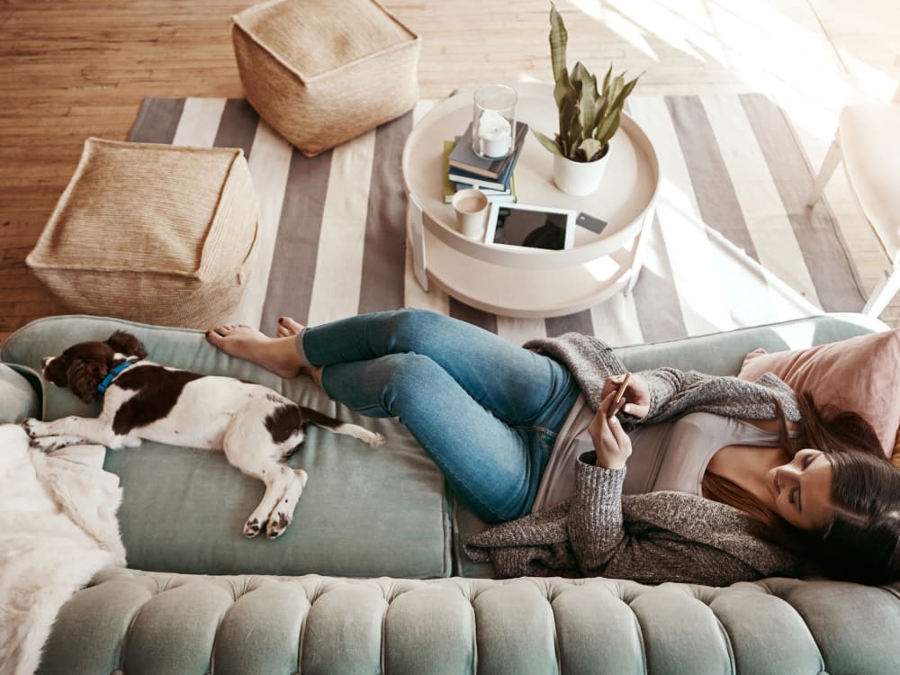 Resident and her pup relaxing on the couch in their new home at TwentyTwenty Apartments in Portland, Oregon