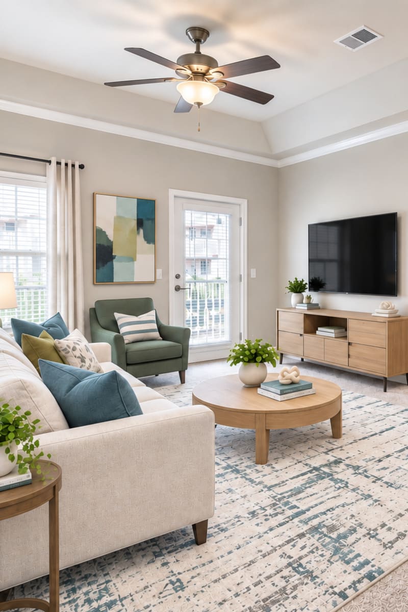 Living Room at Creekside at Greenlawn Apartment Homes on a sunny spring day in Columbia, South Carolina 