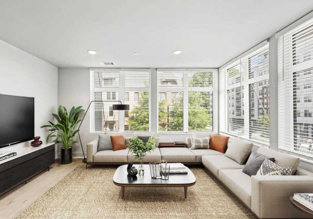 A modern furnished living room at The Maximillian at Stonefield in Charlottesville, Virginia