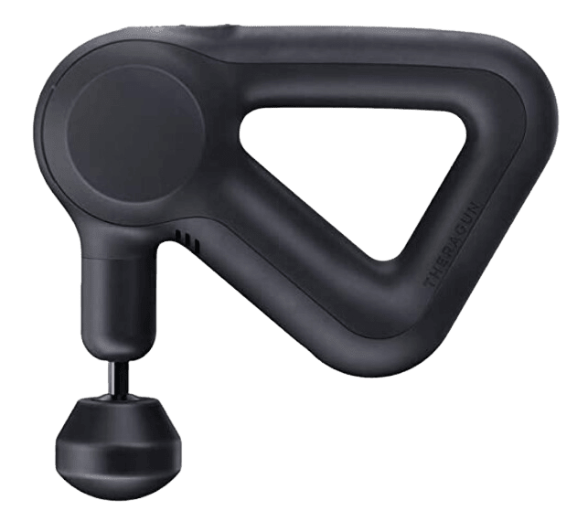 Black percussive therapy device with ergonomic multi-grip