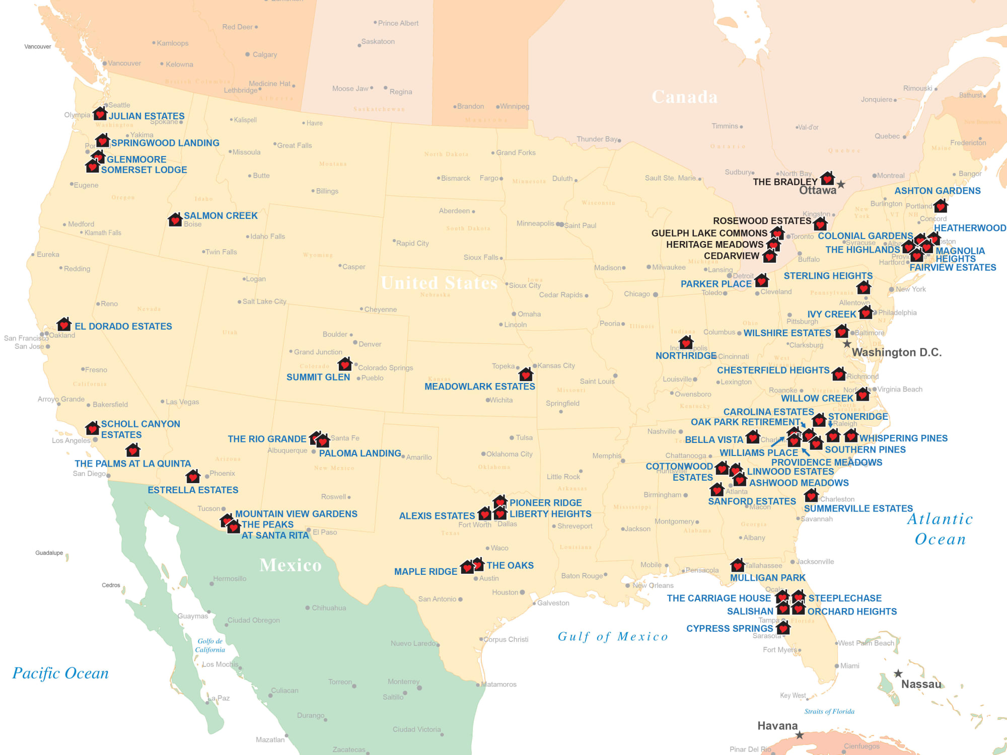 Map of locations offering resident travel program from Osprey Heights Gracious Retirement Living in Valrico, Florida