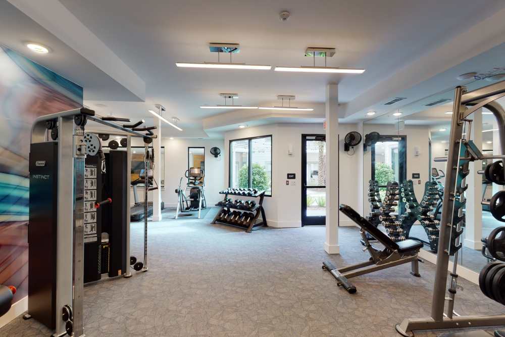 Community fitness center with weight machines at Soba Apartments in Jacksonville, Florida