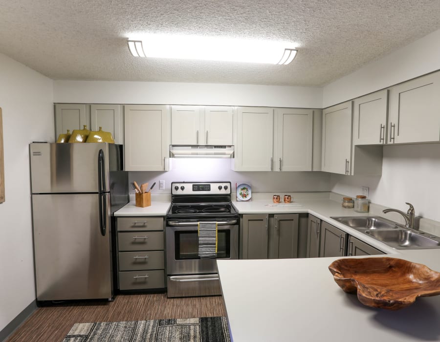 Modern kitchen in a model home at Ten 30 and 49 Apartments in Broomfield, Colorado