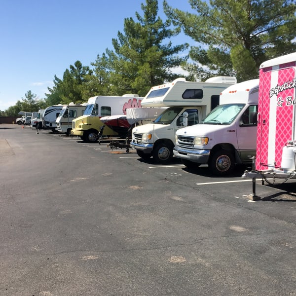 RVs and trailers parked at StorQuest Self Storage in Los Angeles, California