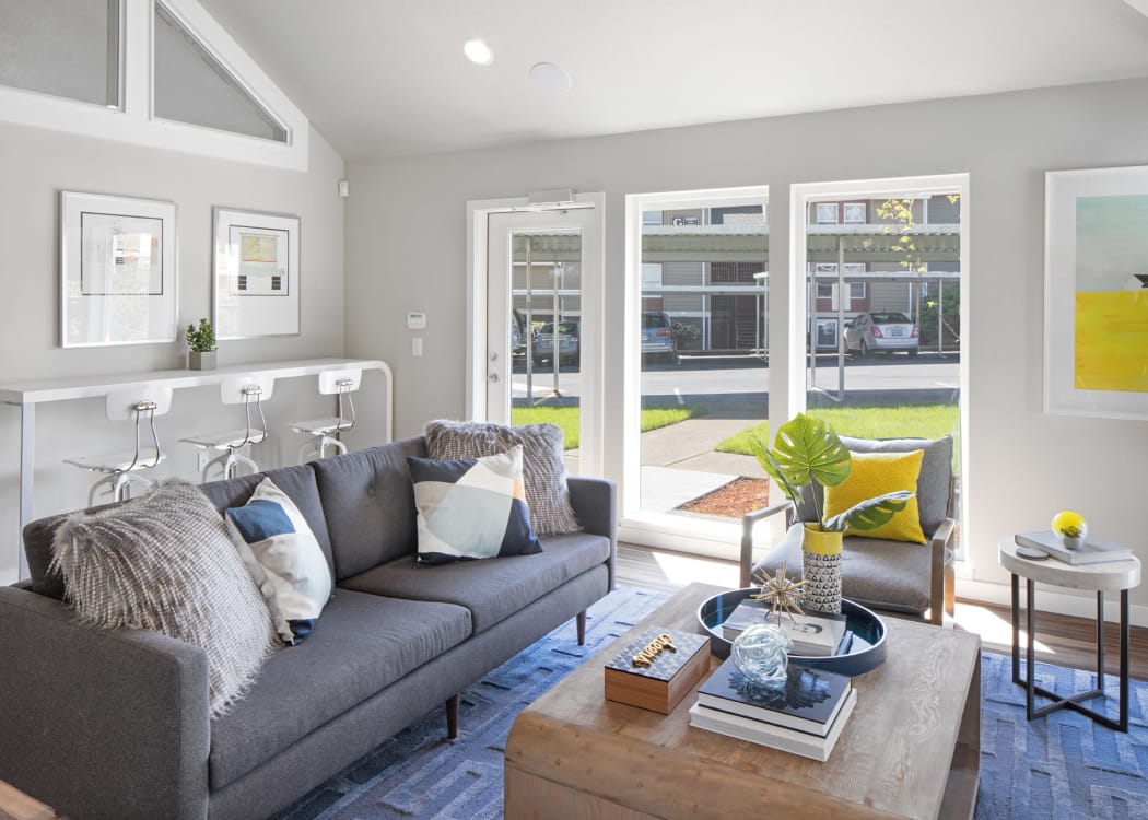Modern decor in living area of model home at Heatherbrae Commons in Milwaukie, Oregon