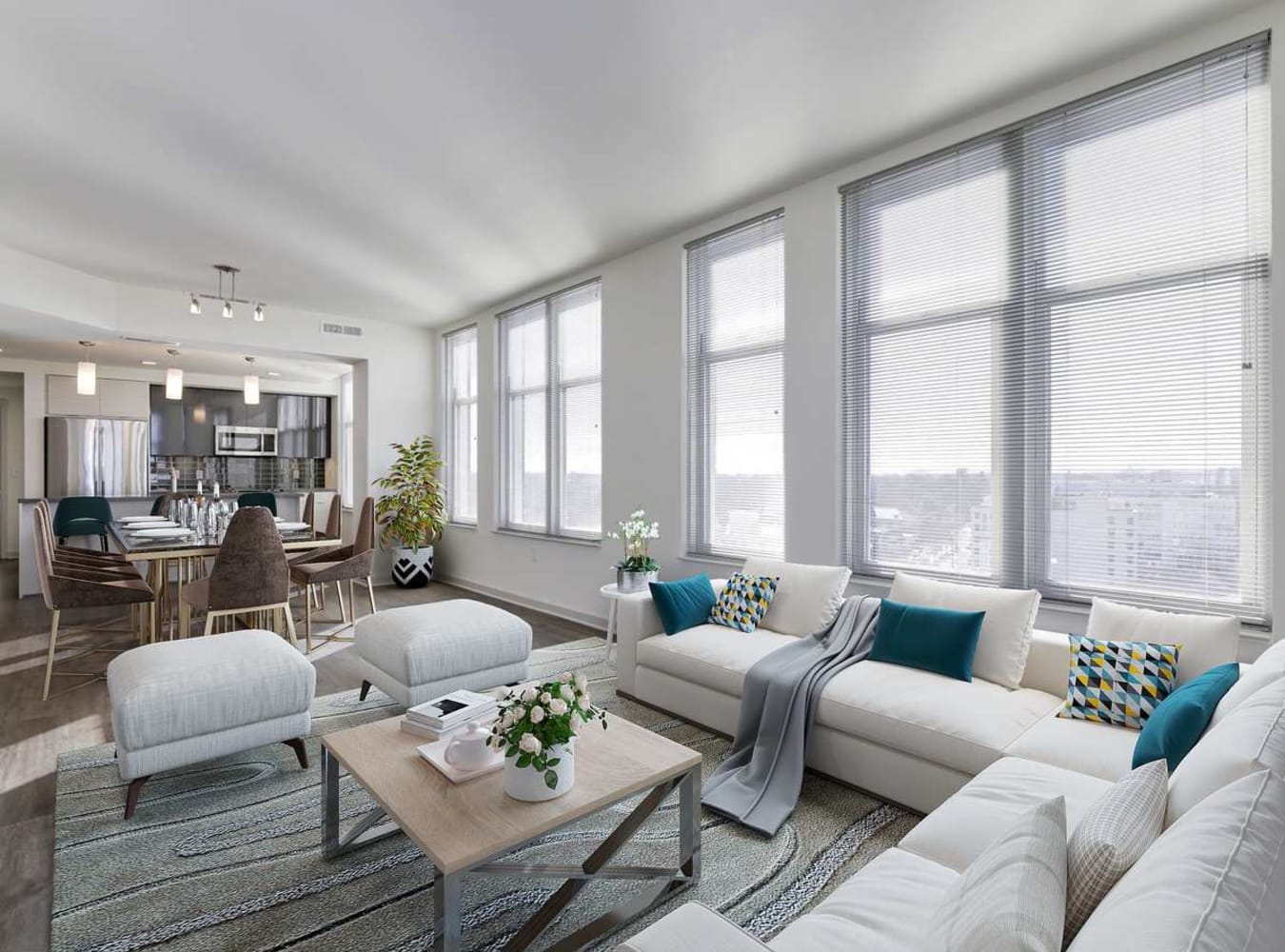 A spacious living room with large windows at Solaire 7077 Woodmont in Bethesda, Maryland