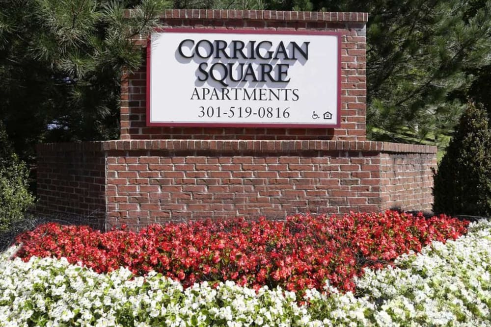 Sinage of community at Corrigan Square Apartments in Gaithersburg, Maryland