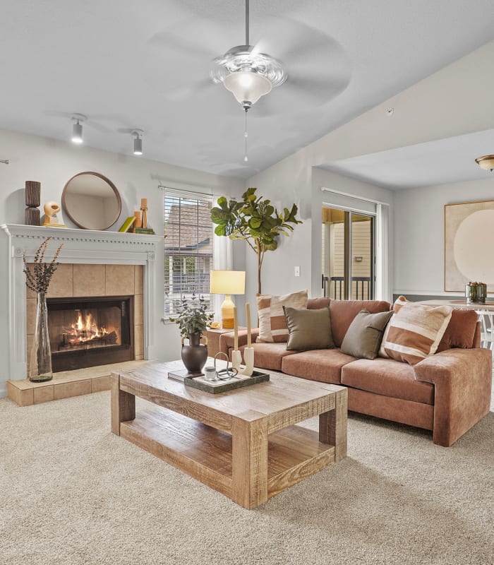 Spacious living room with large windows at Villas at Stonebridge in Edmond, Oklahoma