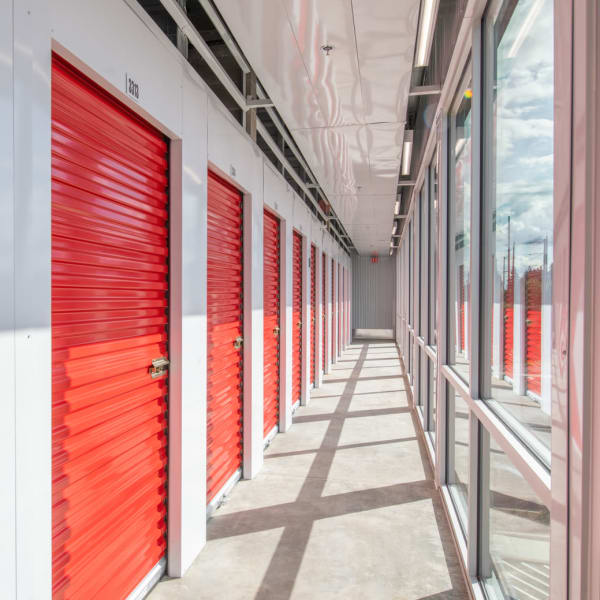Indoor storage units facing windows at StorQuest Self Storage in King of Prussia, Pennsylvania