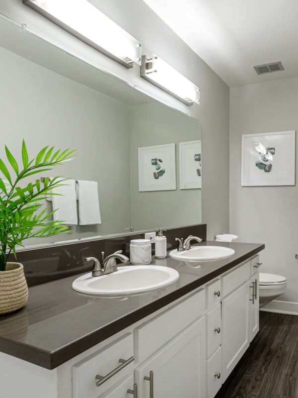 Residence bathroom with plenty of counter space at Axiom Westwood in Los Angeles, California