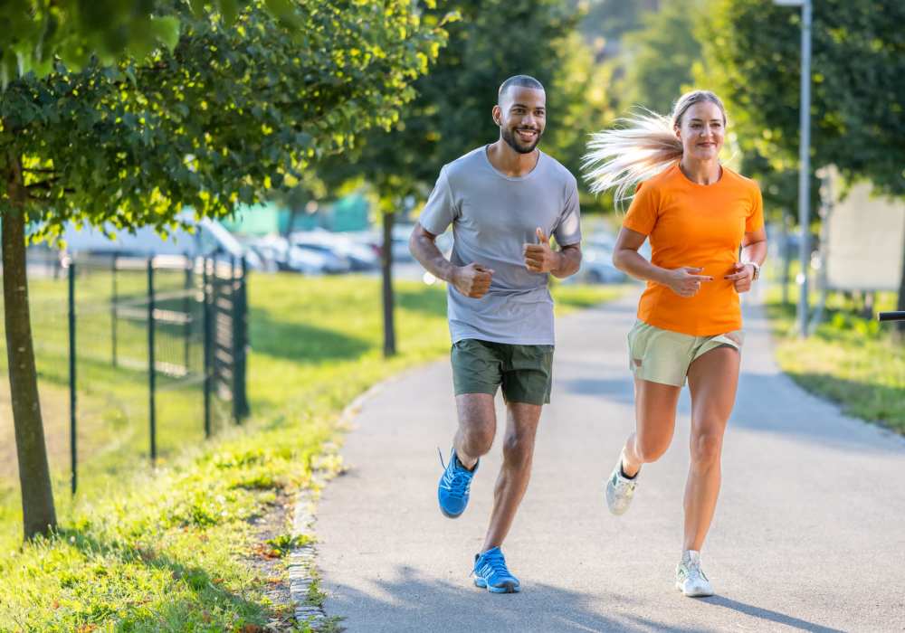 Resident couple jogging in local park near Walnut Springs in Seguin, Texas