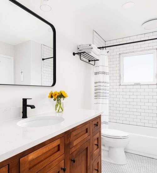 Model bathroom with walk-in shower at EVOQ East Cobb in Marietta, Georgia