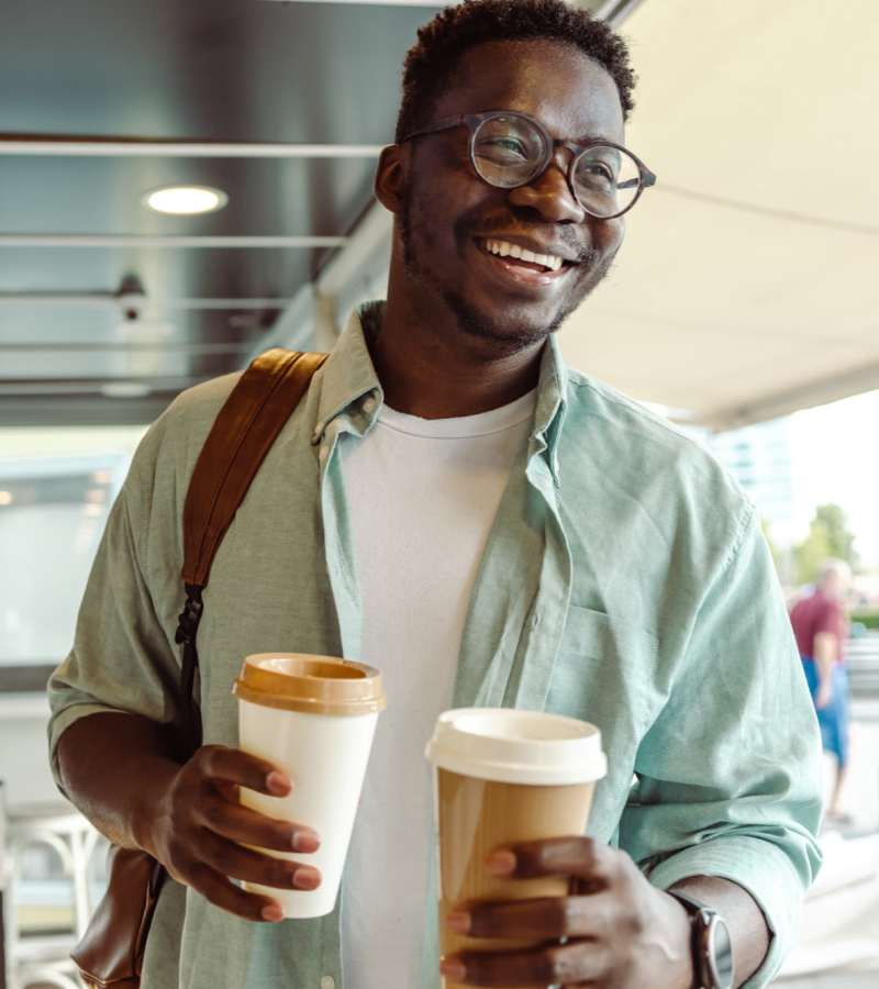 Resident getting coffee near Casa Aliento in Oxnard, California