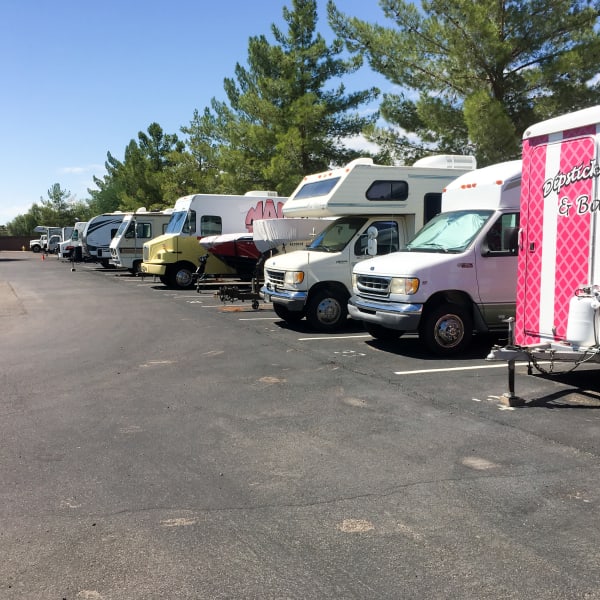 RVs and trailers parked at StorQuest Self Storage in La Quinta, California