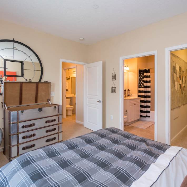 Model bedroom in an apartment at Meridian Parkside, Newport News, Virginia