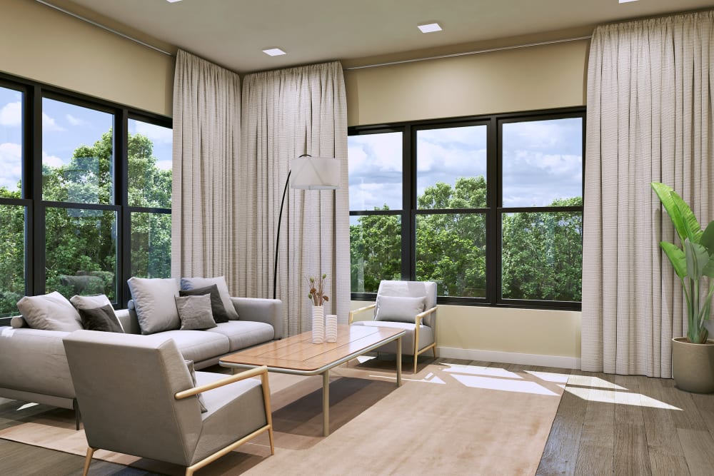 A furnished living room in a modern home at 15 Parkview in Bronxville, New York