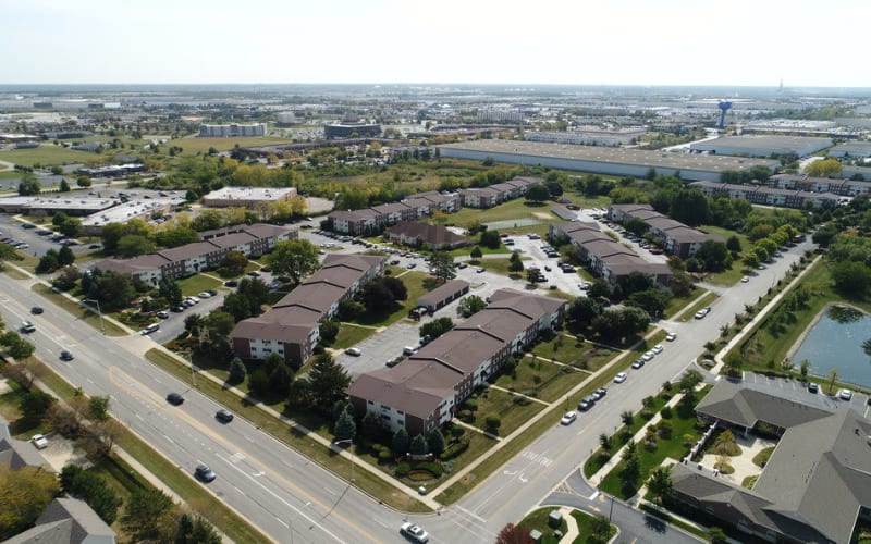 Aerial view of the property at Riverstone Apartments in Bolingbrook, Illinois