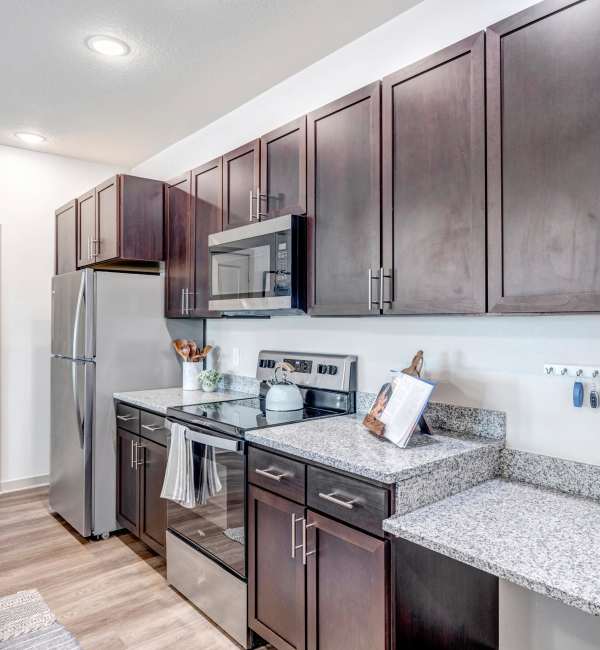 Modern kitchen with stainless steel appliances at The Carlton At Lake Dexter in Winter Haven, Florida