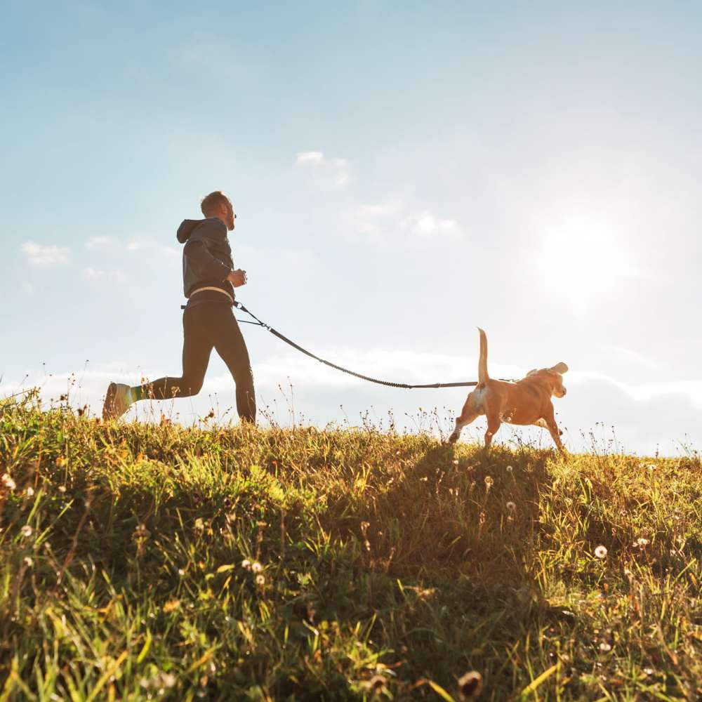 Resident with his dog around the pet-friendly community at Haggerty Lane in Bozeman, Montana