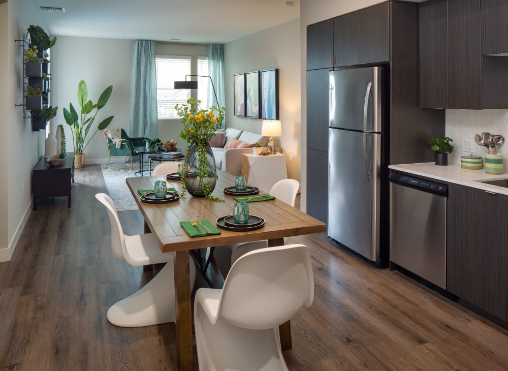 Sleek modern kitchen at SoLa Apartments in Los Angeles, California