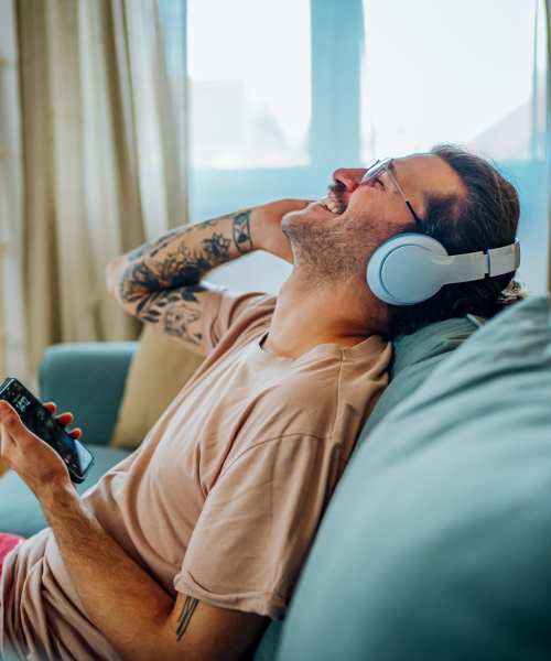 Resident listening music at Perry Street Lofts in Petersburg, Virginia, 