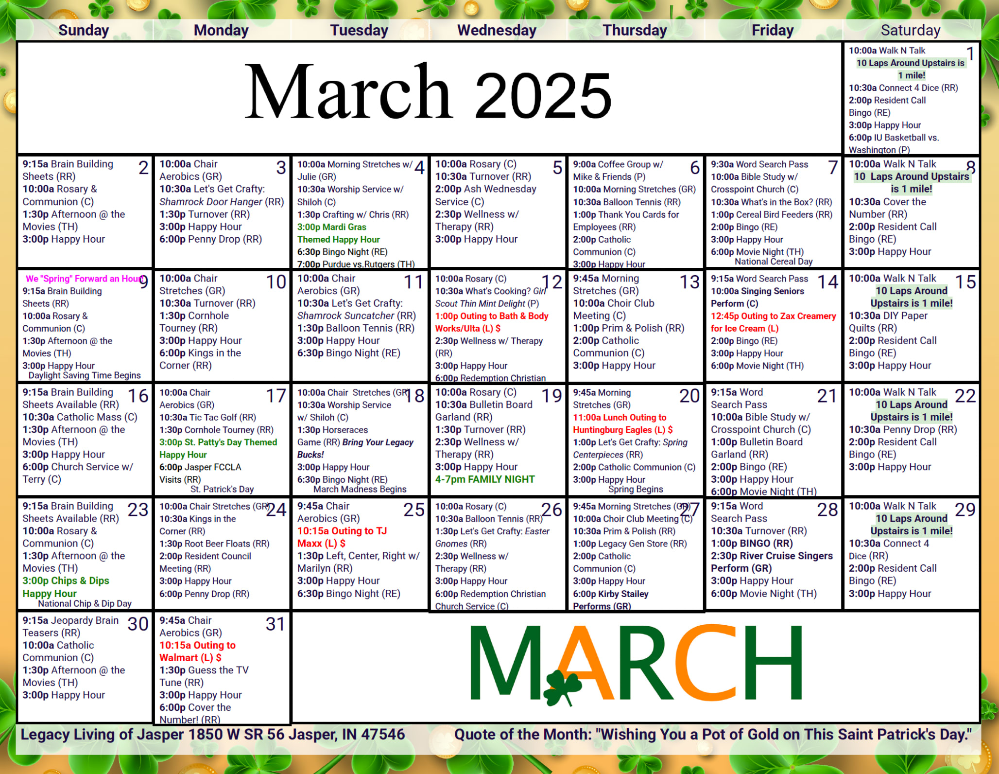 March Calendar at Legacy Living Jasper in Jasper, Indiana