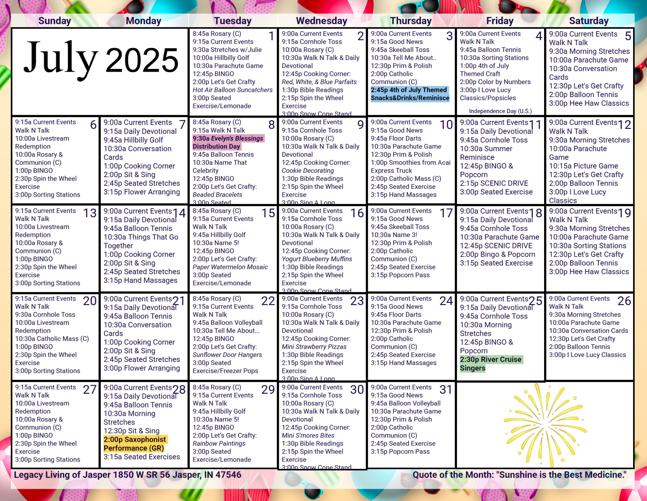 July Calendar at Legacy Living Jasper in Jasper, Indiana