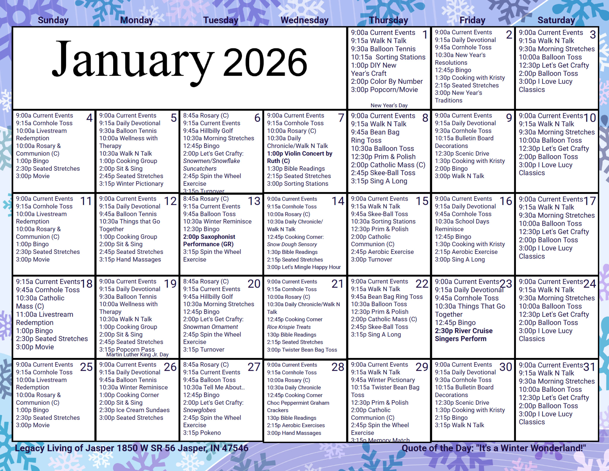 January Calendar at Legacy Living Jasper in Jasper, Indiana