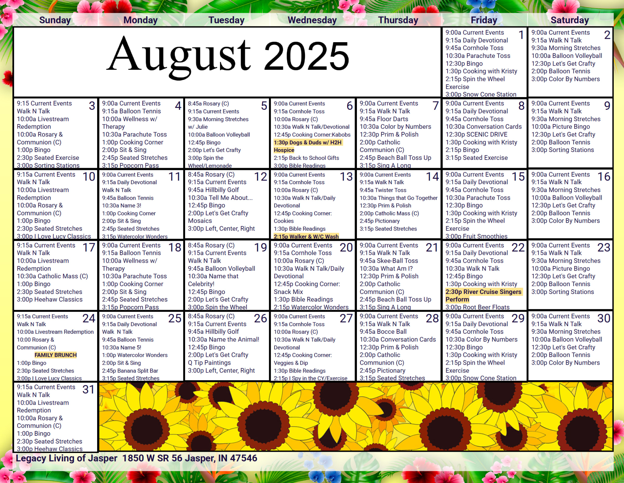 August Calendar at Legacy Living Jasper in Jasper, Indiana
